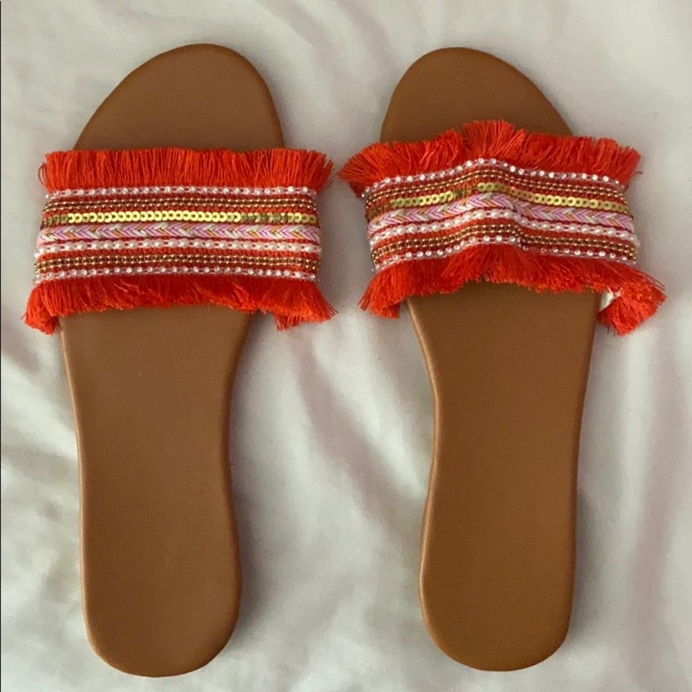 Sequin Band Flat Slide Sandals